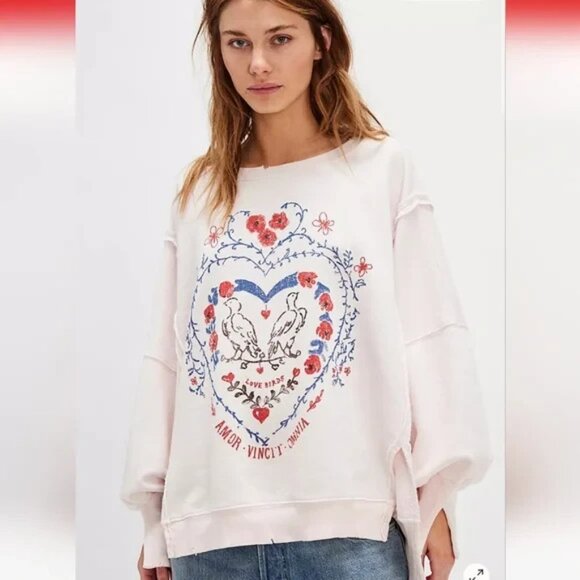 NWT FREE PEOPLE ~ LOVE BIRDS CAMDEN GRAHIC SWEATSHIRT ~ XL ~ $198 - Picture 1 of 9